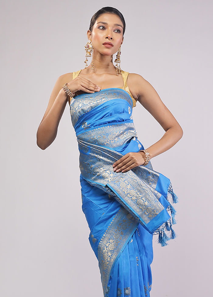 Blue Dupion Silk Saree With Blouse Piece