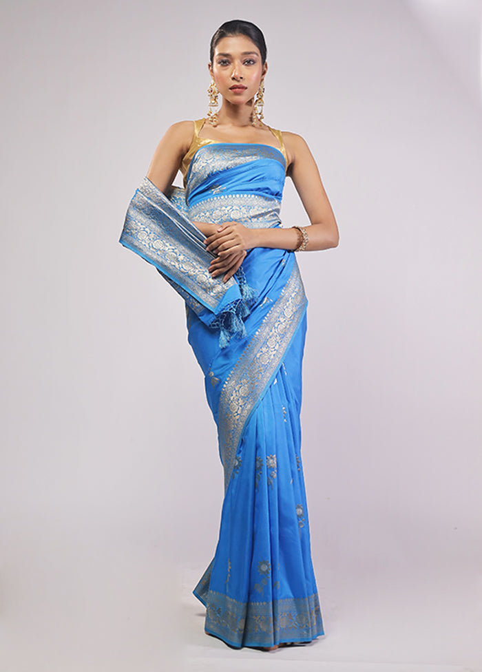 Blue Dupion Silk Saree With Blouse Piece