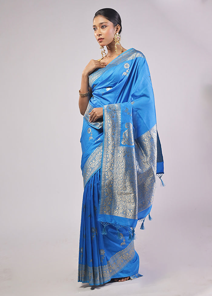 Blue Dupion Silk Saree With Blouse Piece
