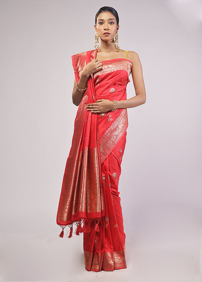 Red Dupion Silk Saree With Blouse Piece