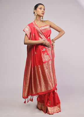 Red Dupion Silk Saree With Blouse Piece