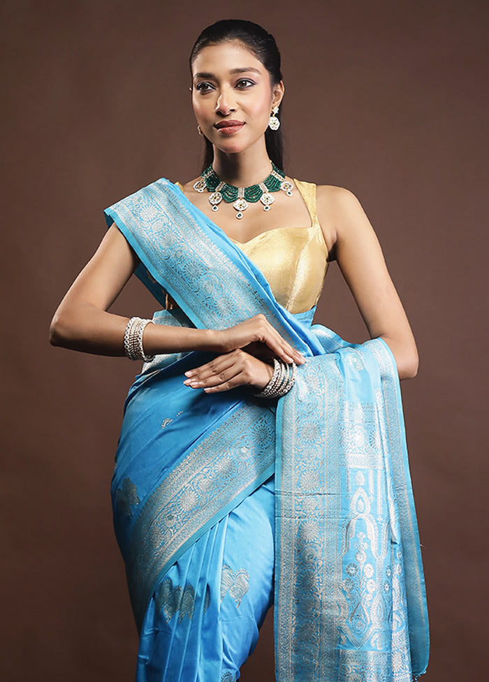 Blue Dupion Silk Saree With Blouse Piece