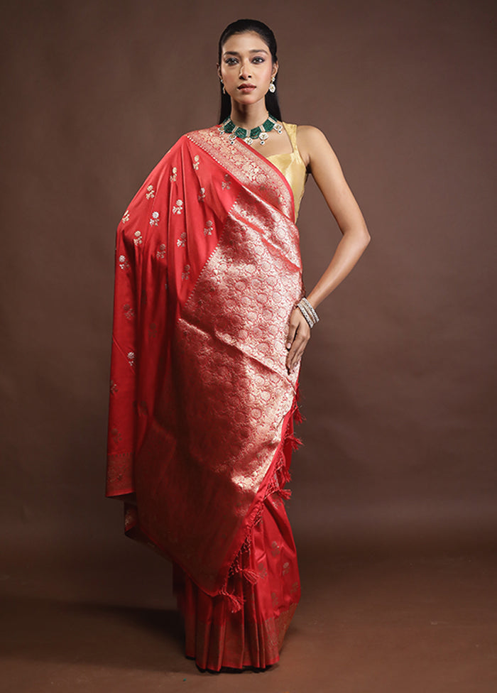 Red Dupion Silk Saree With Blouse Piece