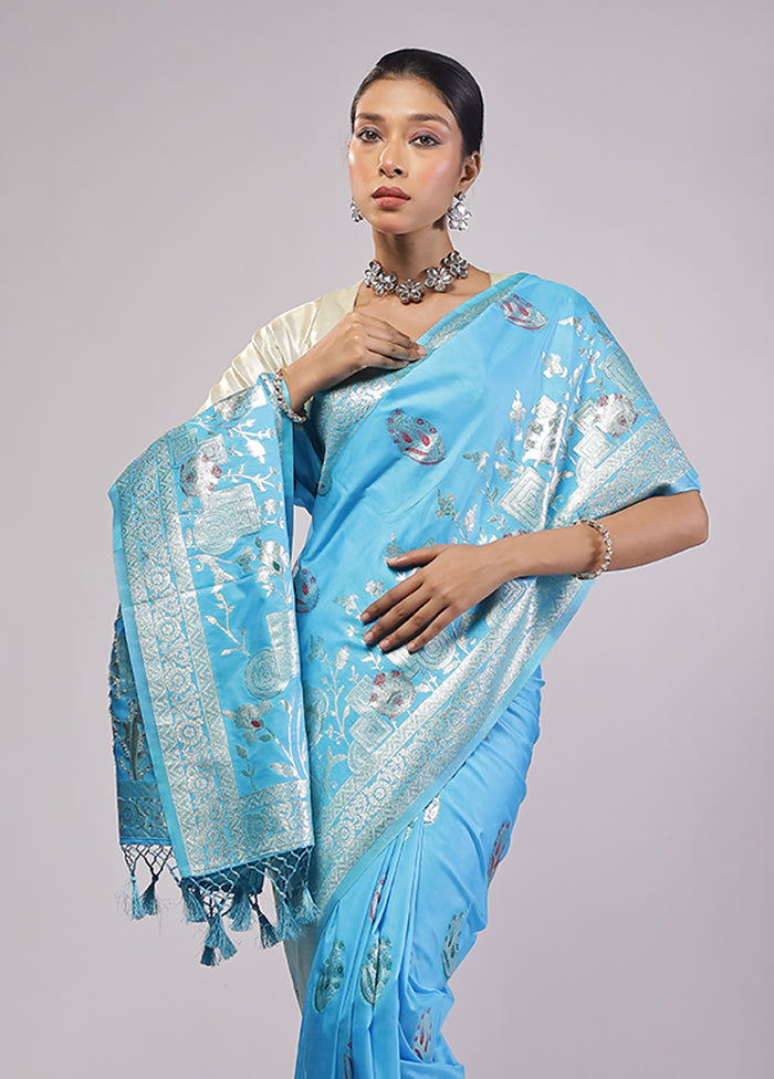 Blue Dupion Silk Saree With Blouse Piece