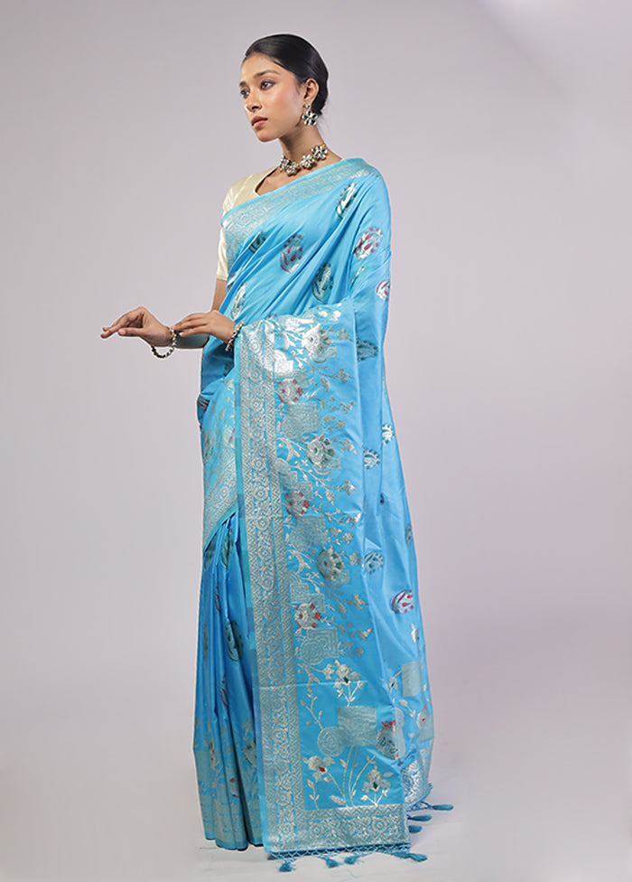 Blue Dupion Silk Saree With Blouse Piece