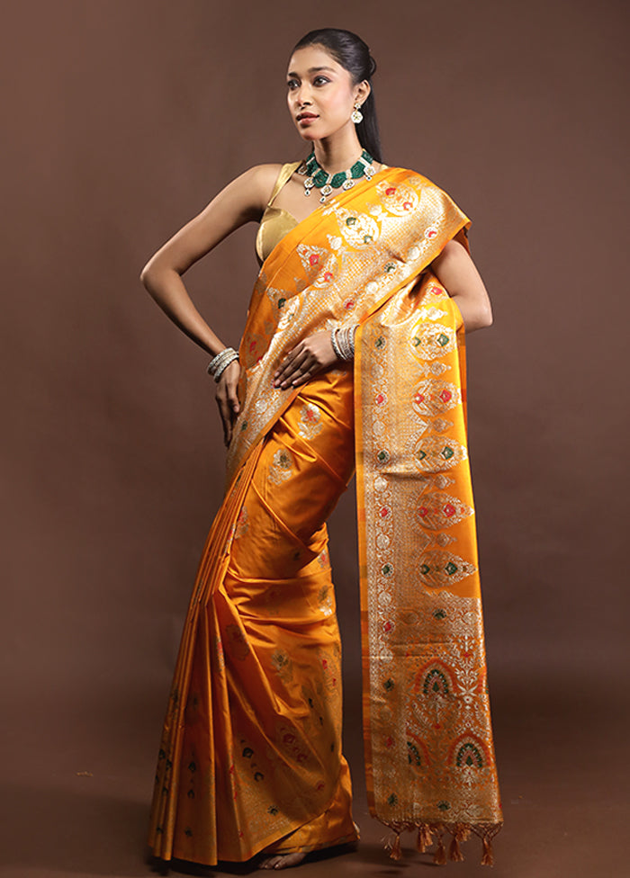Yellow Dupion Silk Saree With Blouse Piece