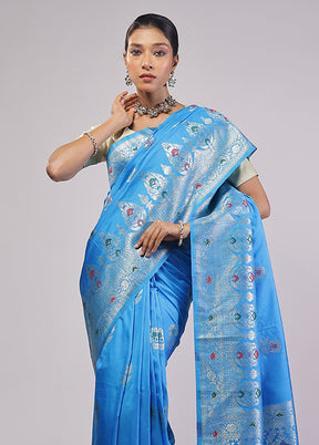 Blue Dupion Silk Saree With Blouse Piece