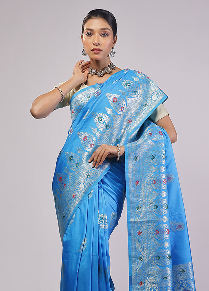 Blue Dupion Silk Saree With Blouse Piece