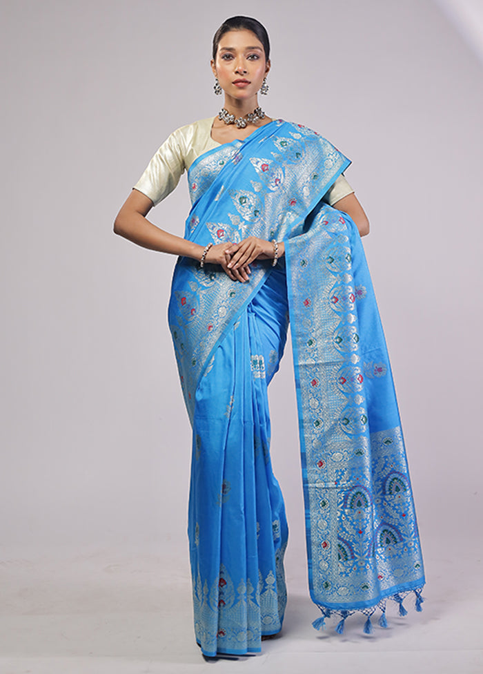 Blue Dupion Silk Saree With Blouse Piece