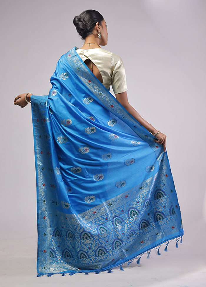 Blue Dupion Silk Saree With Blouse Piece