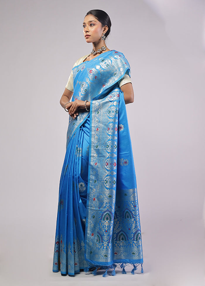 Blue Dupion Silk Saree With Blouse Piece