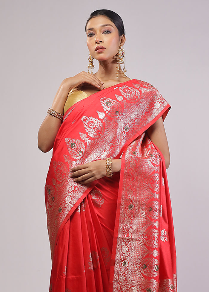 Red Dupion Silk Saree With Blouse Piece