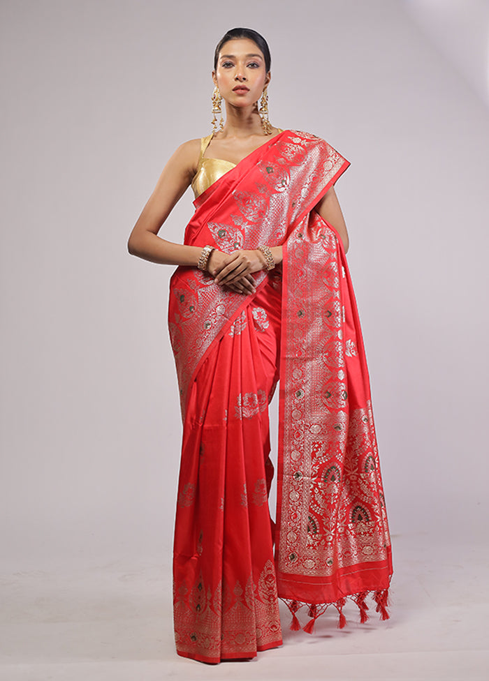 Red Dupion Silk Saree With Blouse Piece