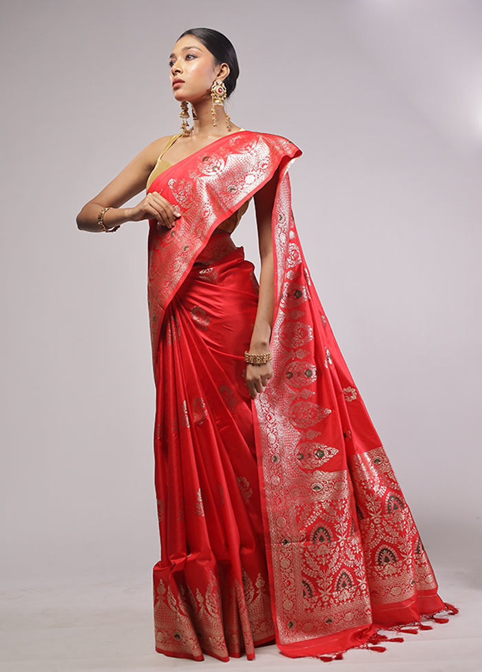 Red Dupion Silk Saree With Blouse Piece