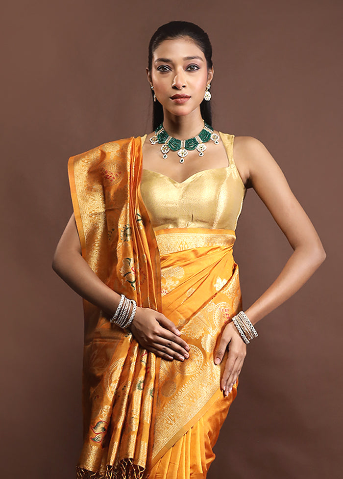 Yellow Dupion Silk Saree With Blouse Piece