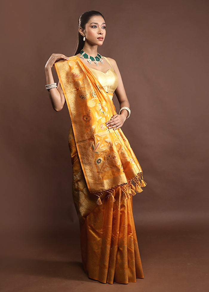 Yellow Dupion Silk Saree With Blouse Piece