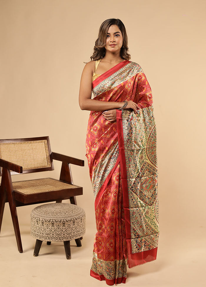 Red Printed Pure Silk Saree With Blouse Piece