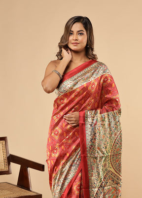Red Printed Pure Silk Saree With Blouse Piece