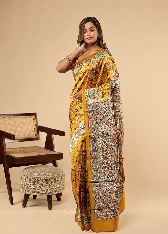Yellow Printed Pure Silk Saree With Blouse Piece