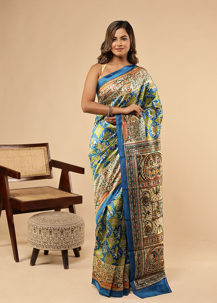 Blue Printed Pure Silk Saree With Blouse Piece
