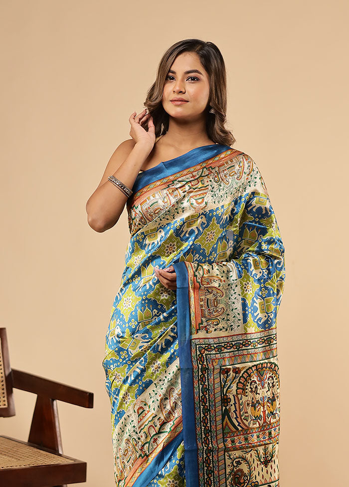 Blue Printed Pure Silk Saree With Blouse Piece