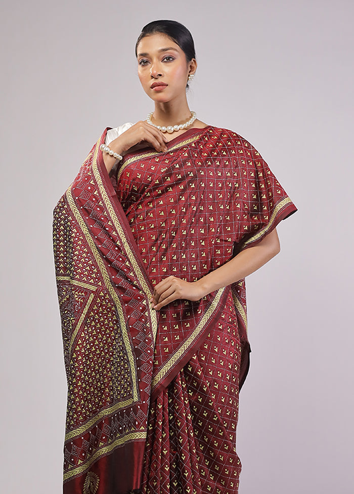 Maroon Handloom Kantha Stitch Pure Silk Saree With Blouse Piece
