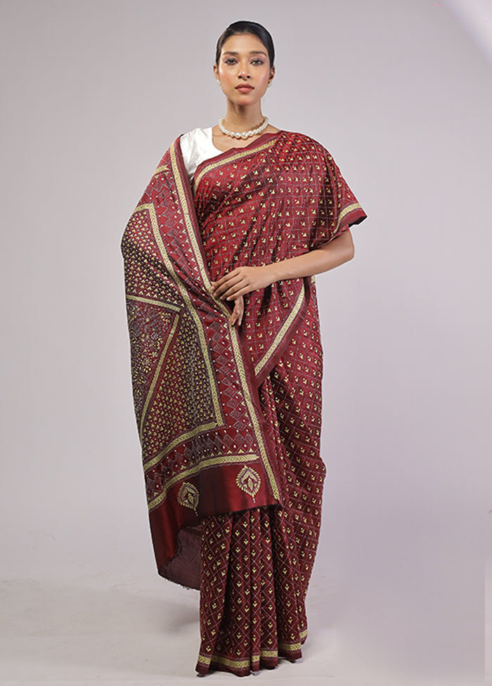 Maroon Handloom Kantha Stitch Pure Silk Saree With Blouse Piece