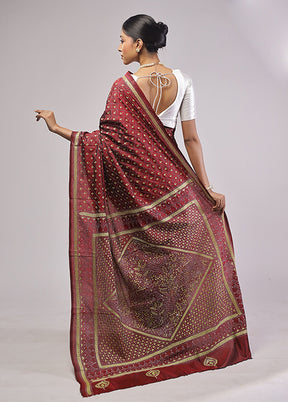 Maroon Handloom Kantha Stitch Pure Silk Saree With Blouse Piece