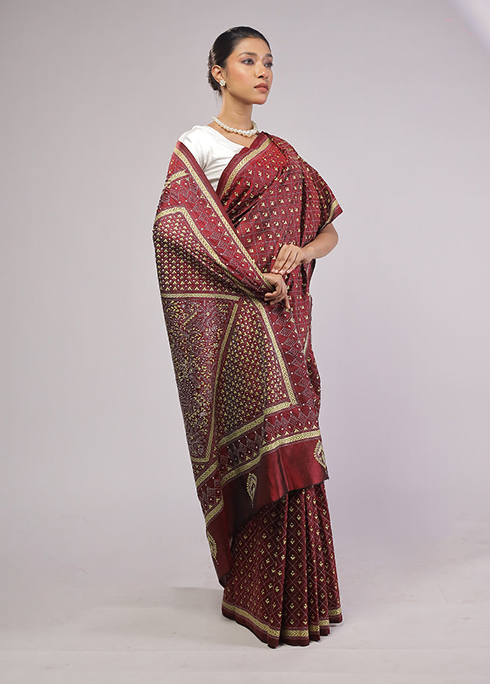 Maroon Handloom Kantha Stitch Pure Silk Saree With Blouse Piece