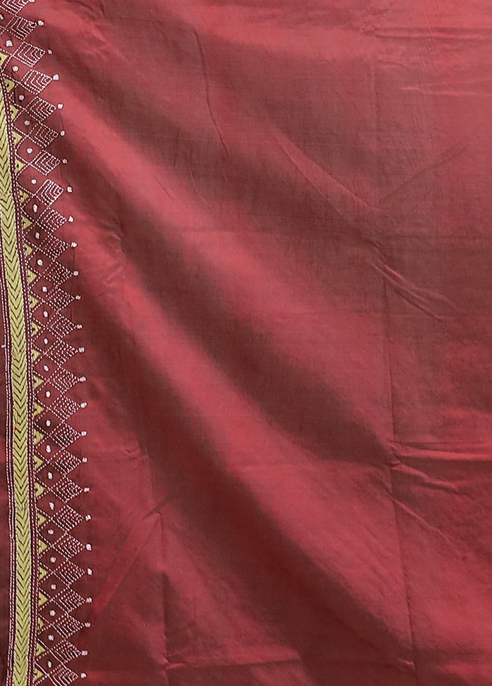 Maroon Handloom Kantha Stitch Pure Silk Saree With Blouse Piece