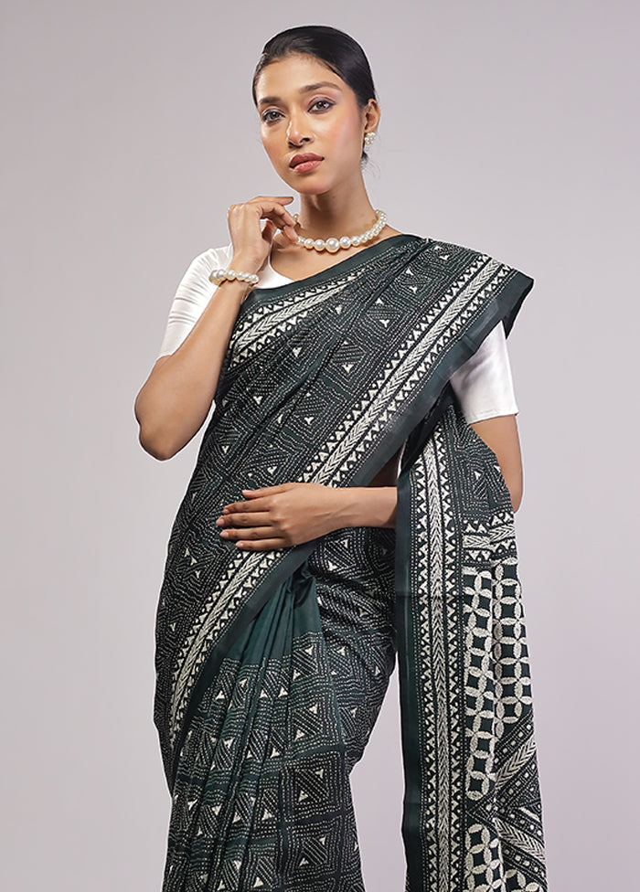 Black Handloom Kantha Stitch Pure Silk Saree With Blouse Piece