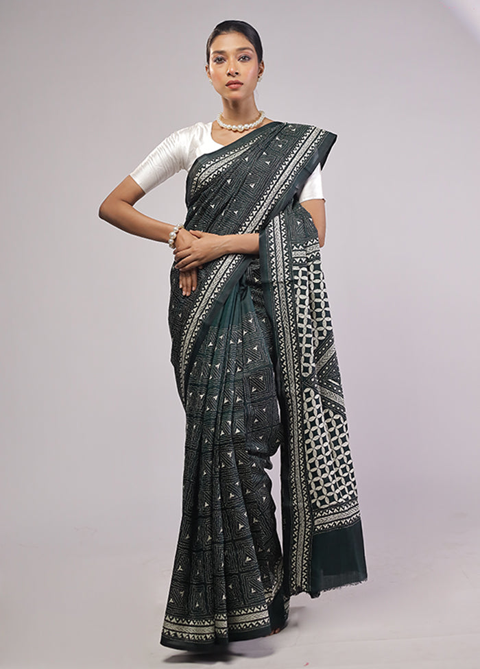Black Handloom Kantha Stitch Pure Silk Saree With Blouse Piece