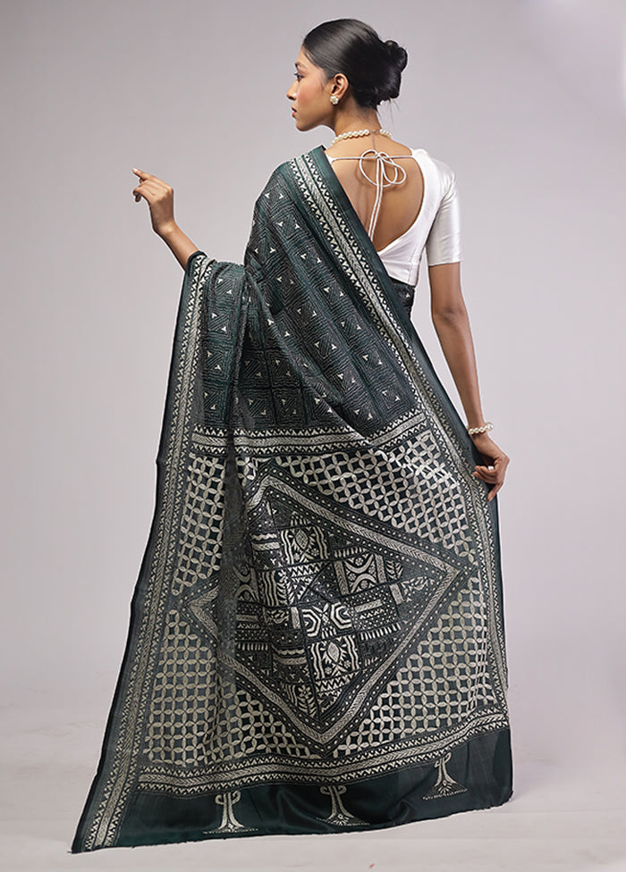 Black Handloom Kantha Stitch Pure Silk Saree With Blouse Piece