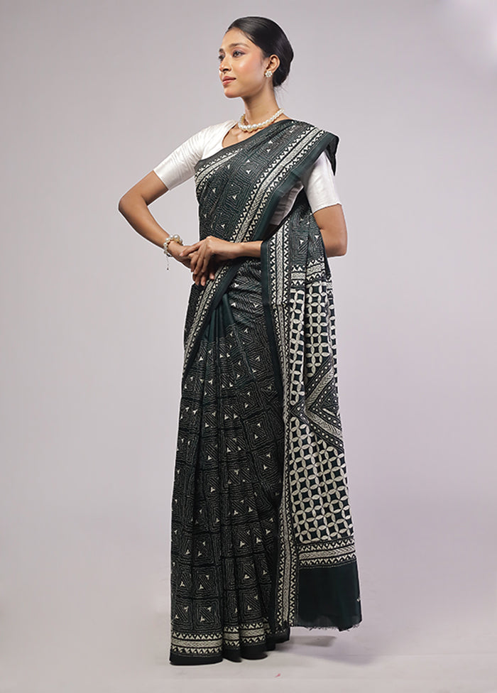 Black Handloom Kantha Stitch Pure Silk Saree With Blouse Piece