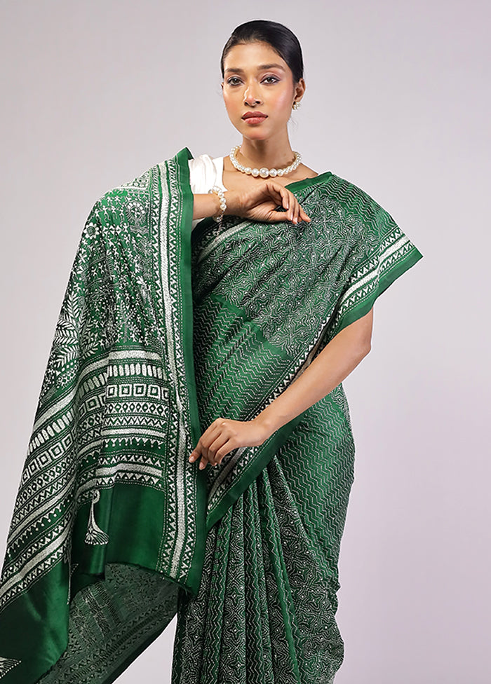 Green Handloom Kantha Stitch Pure Silk Saree With Blouse Piece
