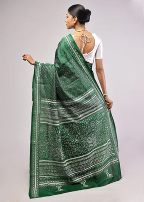 Green Handloom Kantha Stitch Pure Silk Saree With Blouse Piece