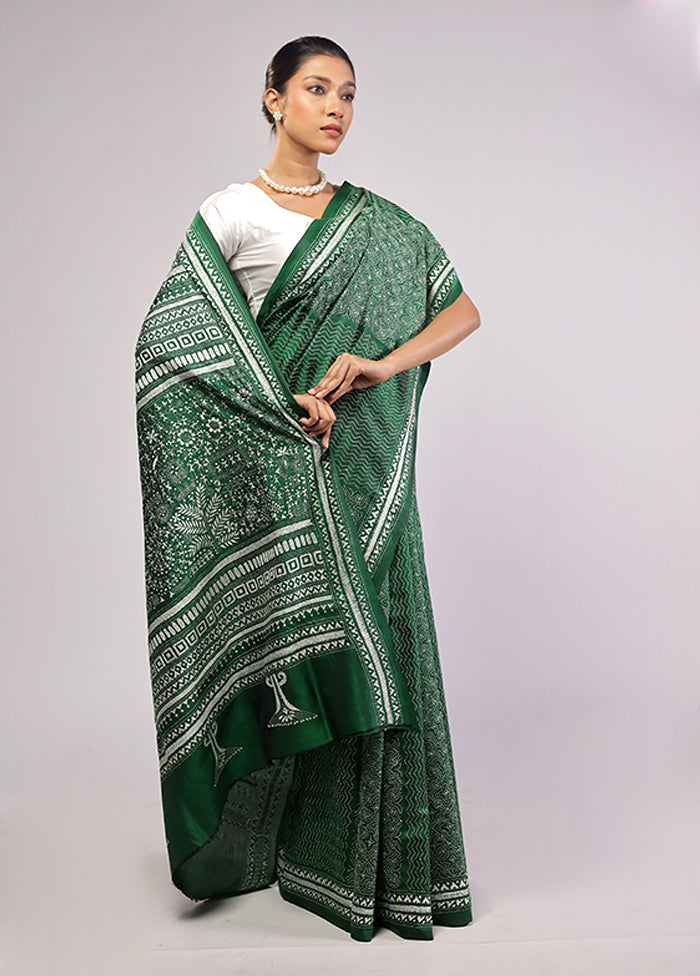 Green Handloom Kantha Stitch Pure Silk Saree With Blouse Piece