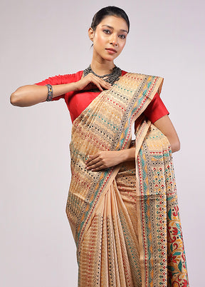 Cream Handloom Kantha Stitch Pure Silk Saree With Blouse Piece