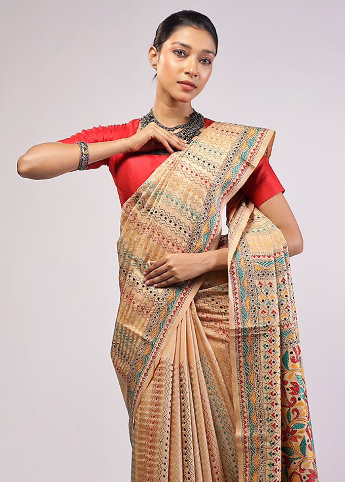Cream Handloom Kantha Stitch Pure Silk Saree With Blouse Piece