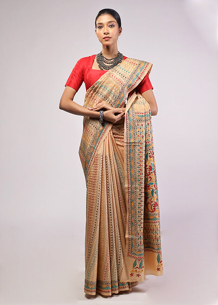 Cream Handloom Kantha Stitch Pure Silk Saree With Blouse Piece