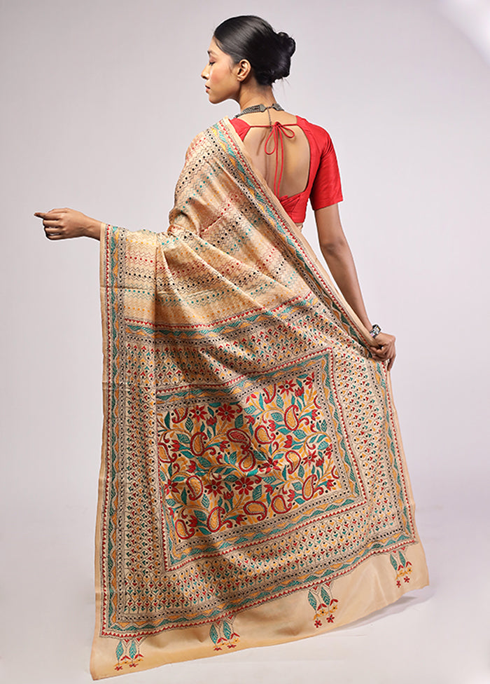 Cream Handloom Kantha Stitch Pure Silk Saree With Blouse Piece
