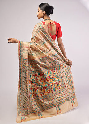 Cream Handloom Kantha Stitch Pure Silk Saree With Blouse Piece