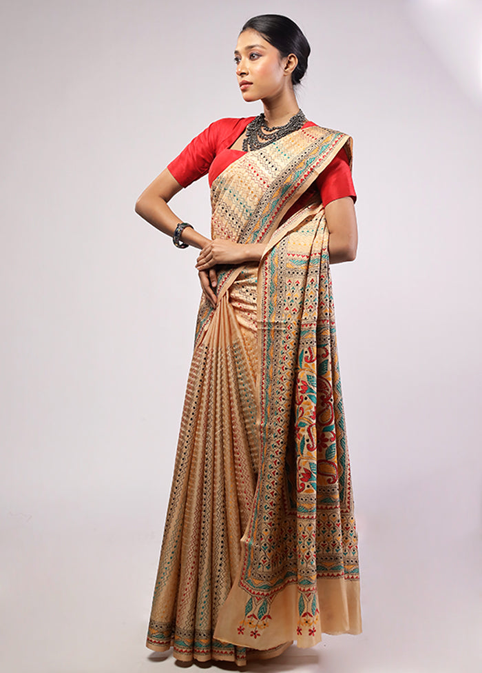 Cream Handloom Kantha Stitch Pure Silk Saree With Blouse Piece