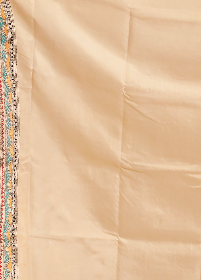 Cream Handloom Kantha Stitch Pure Silk Saree With Blouse Piece