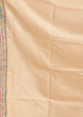 Cream Handloom Kantha Stitch Pure Silk Saree With Blouse Piece