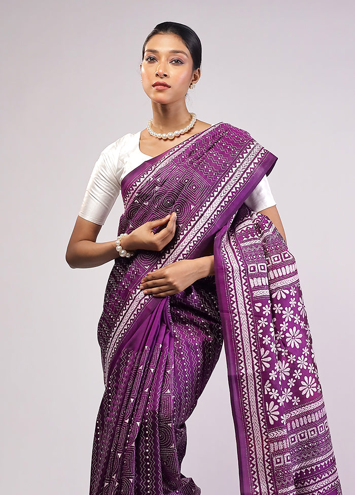 Purple Handloom Kantha Stitch Pure Silk Saree With Blouse Piece