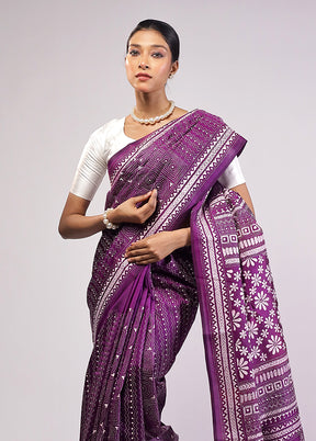 Purple Handloom Kantha Stitch Pure Silk Saree With Blouse Piece