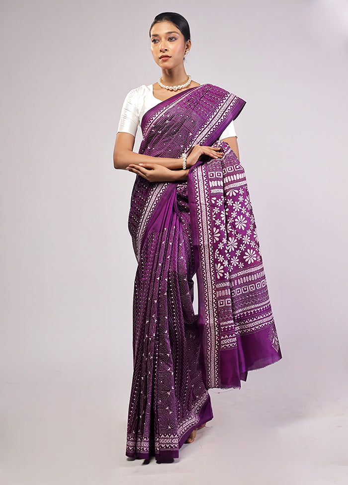 Purple Handloom Kantha Stitch Pure Silk Saree With Blouse Piece