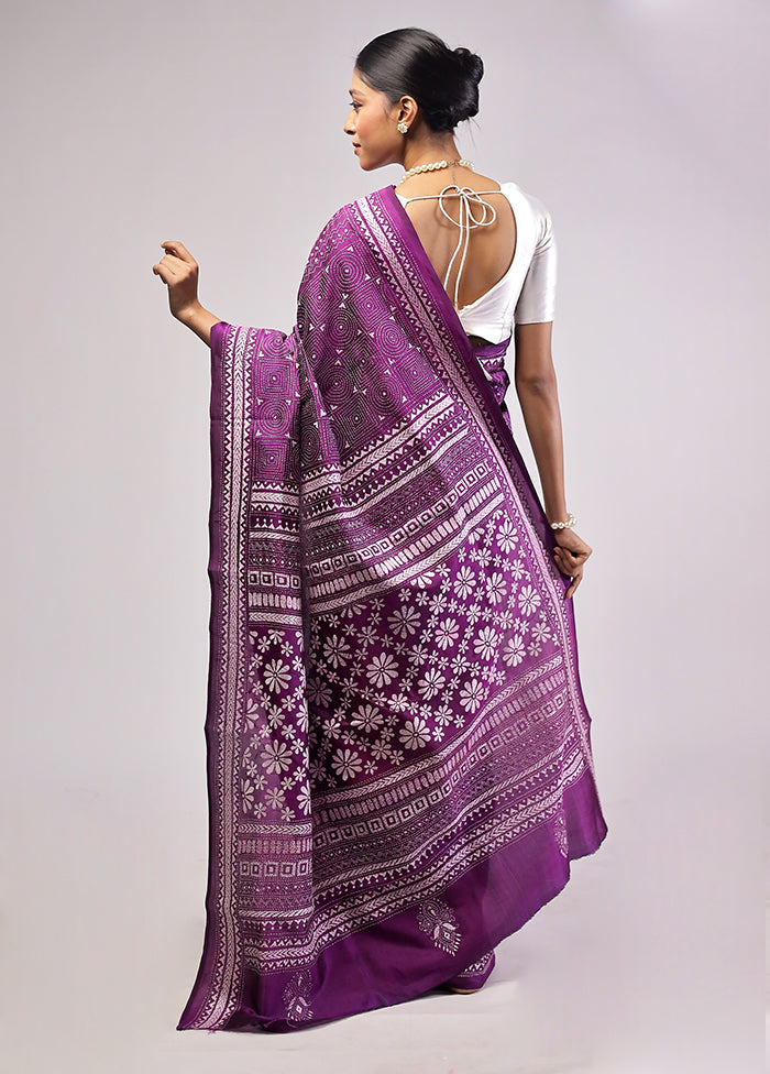 Purple Handloom Kantha Stitch Pure Silk Saree With Blouse Piece