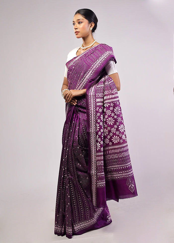 Purple Handloom Kantha Stitch Pure Silk Saree With Blouse Piece